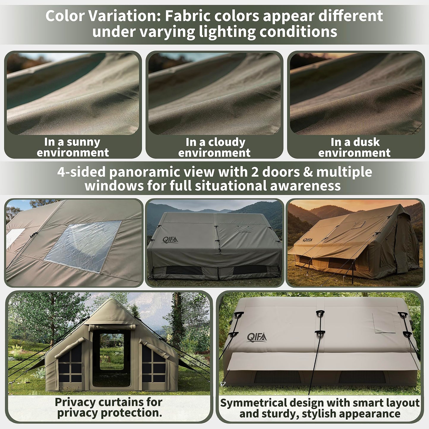 QIFA (129sq ft) 8-12 Person Large Luxury Inflatable Camping Tents with Stove Jack, Easy Setup Blow Up Tent with Hand Pump,Waterproof (Heavy-Duty) 600D Oxford Fabric for Adult 4 Seasons Khaki Green