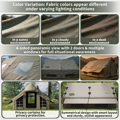 QIFA (129sq ft) 8-12 Person Large Luxury Inflatable Camping Tents with Stove Jack, Easy Setup Blow Up Tent with Hand Pump,Waterproof (Heavy-Duty) 600D Oxford Fabric for Adult 4 Seasons Khaki Green