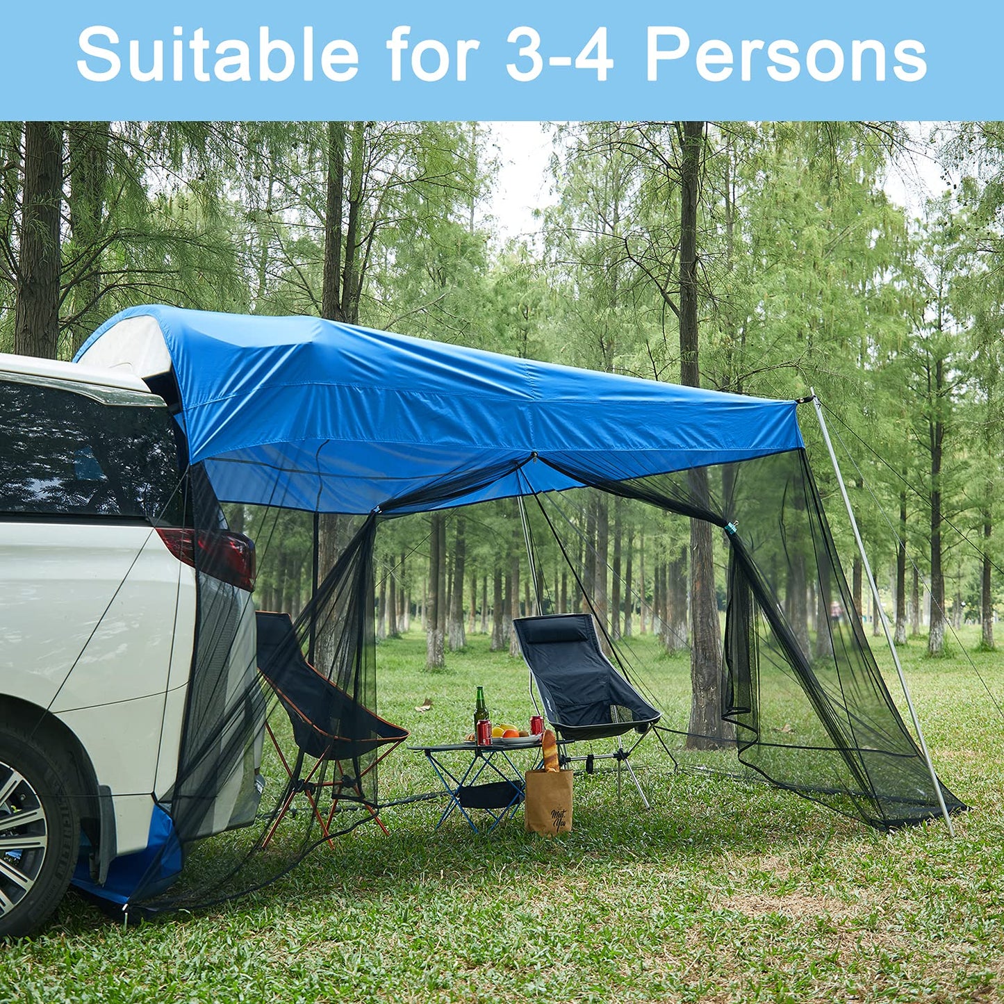 G4Free Car Awning Sun Shelter with Mosquito Net, Portable SUV Tent Tailgate Shade Car Canopy for Outdoor Camping Travel (Blue)