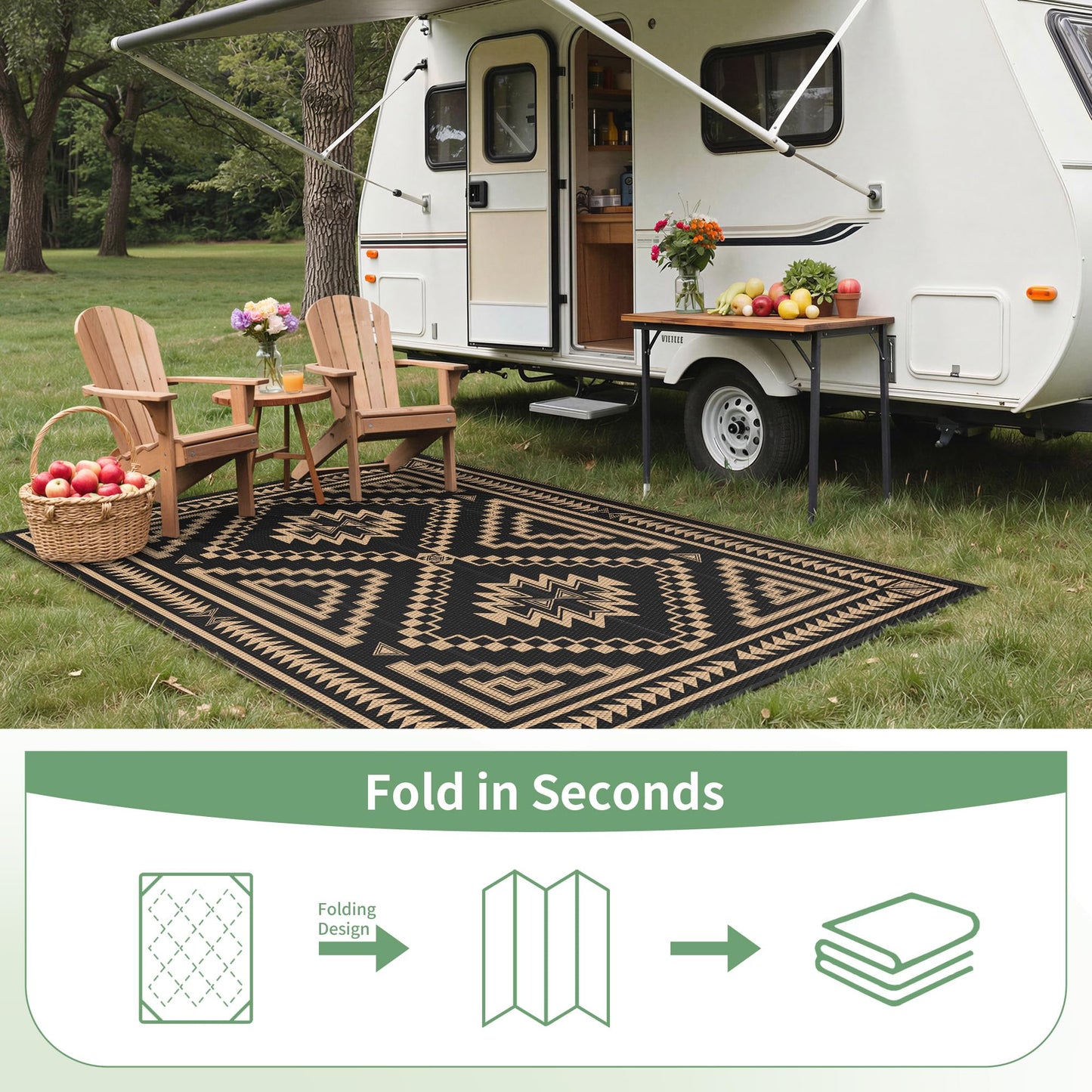 GENIMO Outdoor Rug for Patio Clearance - 10x14 ft Waterproof Plastic Camping Rugs, Reversible Outside Rv Mat Carpet for Porch, Deck, Picnic, Balcony, Beach, Backyard, Black Brown