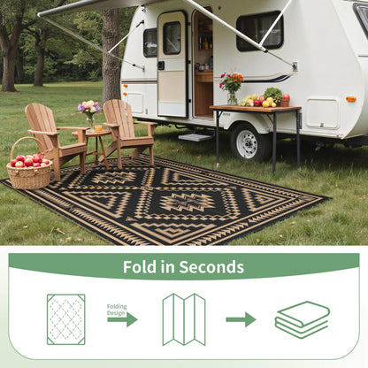 GENIMO Outdoor Rug for Patio Clearance - 10x14 ft Waterproof Plastic Camping Rugs, Reversible Outside Rv Mat Carpet for Porch, Deck, Picnic, Balcony, Beach, Backyard, Black Brown