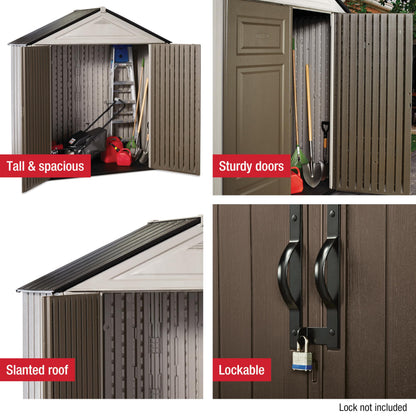Rubbermaid Resin Outdoor Storage Shed With Floor (7 x 3.5 Ft.) Weather Resistant Brown/Grey Organization for Home/Lawn Mower/Backyard Equipment/Bike Storage/Pool Supplies