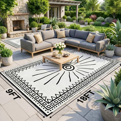 CircleRoad RV Outdoor Rug 9x18 Waterproof Patio Rug Mat with 4 Stakes UV Resistant Reverisble Plastic Straw Outdoor Rug with Carry Bag for RV Camping Picnic Beach