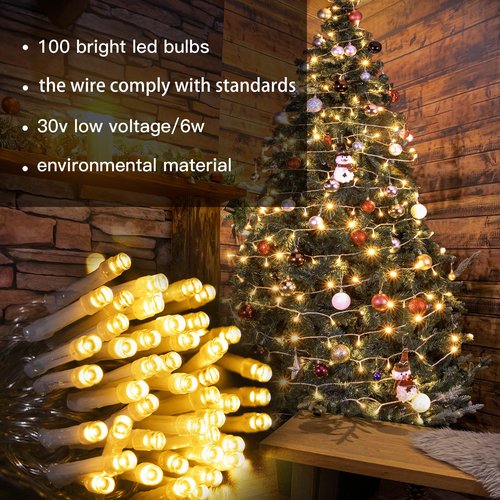 Hopolon 100 LED Christmas Lights Indoor Outdoor,33FT Warm White Twinkle Fairy Light Plug in,8 Modes Waterproof Clear Wire String Lights for Bedroom Classroom Xmas Tree Wedding Party,100 LED,Warm White