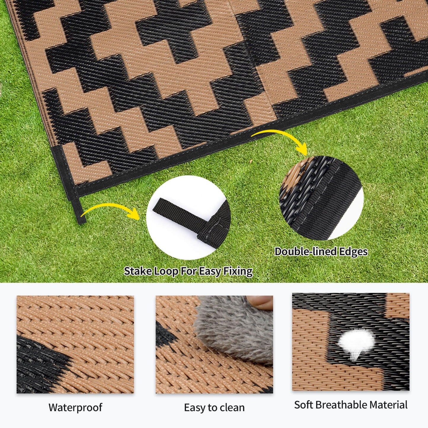 Outdoor Rugs Patio Camping Waterproof - 9x18 Plastic Straw Patio Rug Portable for Campers, Outside RVs Mat, Outdoor Area Carpet for Patios Clearance, Backyard Porch, Balcony, Picnic, Black Brown