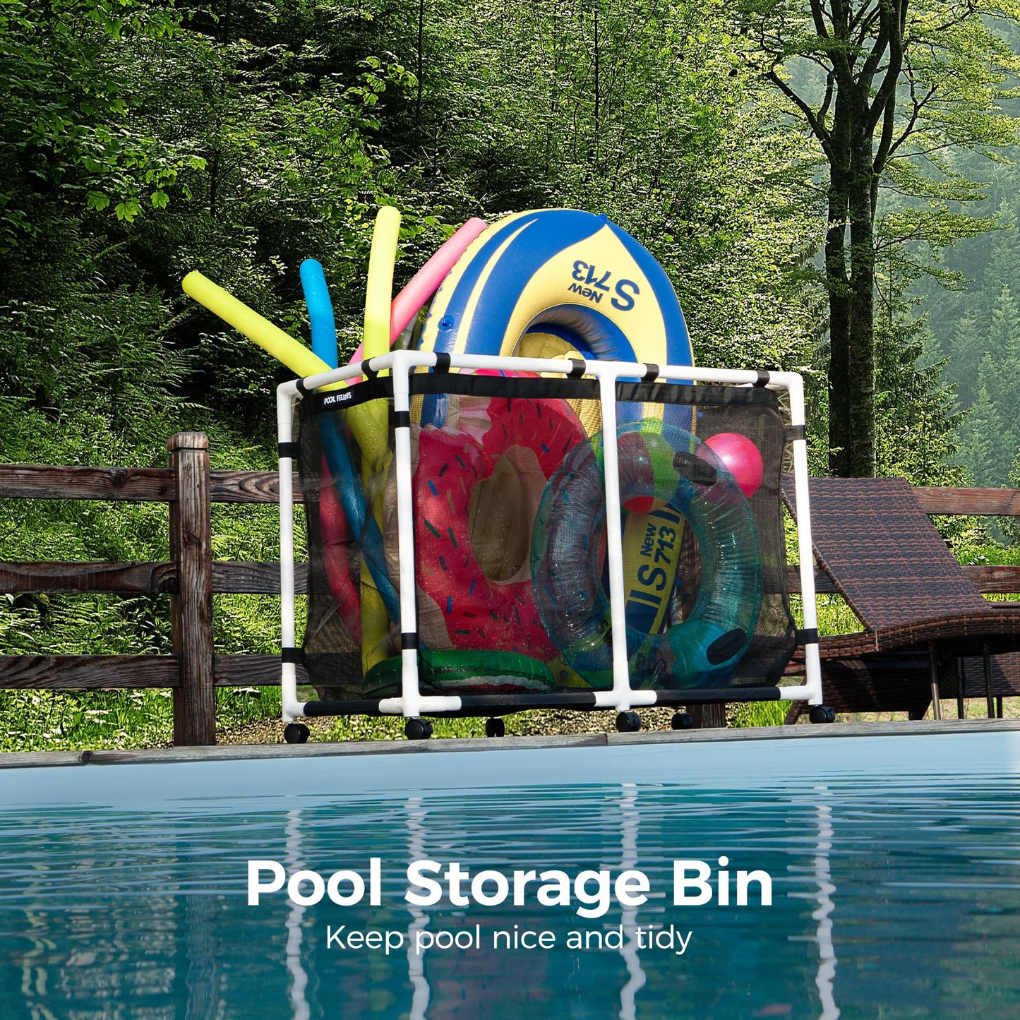 POOL FELLOWS Pool Storage Bin, 105 Gallons, Holder for Noodles, Toys, Floats, Towels, Mesh Organizer for Swimming Equipments, Basic Pro Style