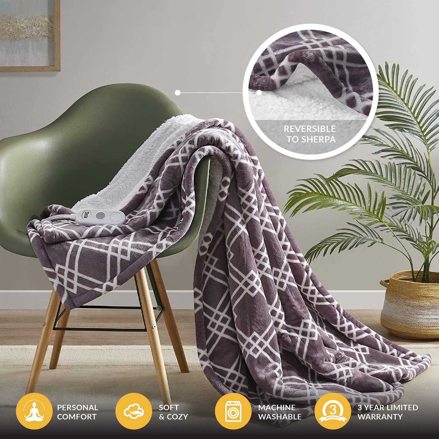 Serta Heated Blanket - Reversible Fleece to Sherpa Electric Blanket, Fast Heating, Auto Shut Off Timer, Multi Heat Setting, ETL Certified, Machine Washable, Grey Full 84"x 77"