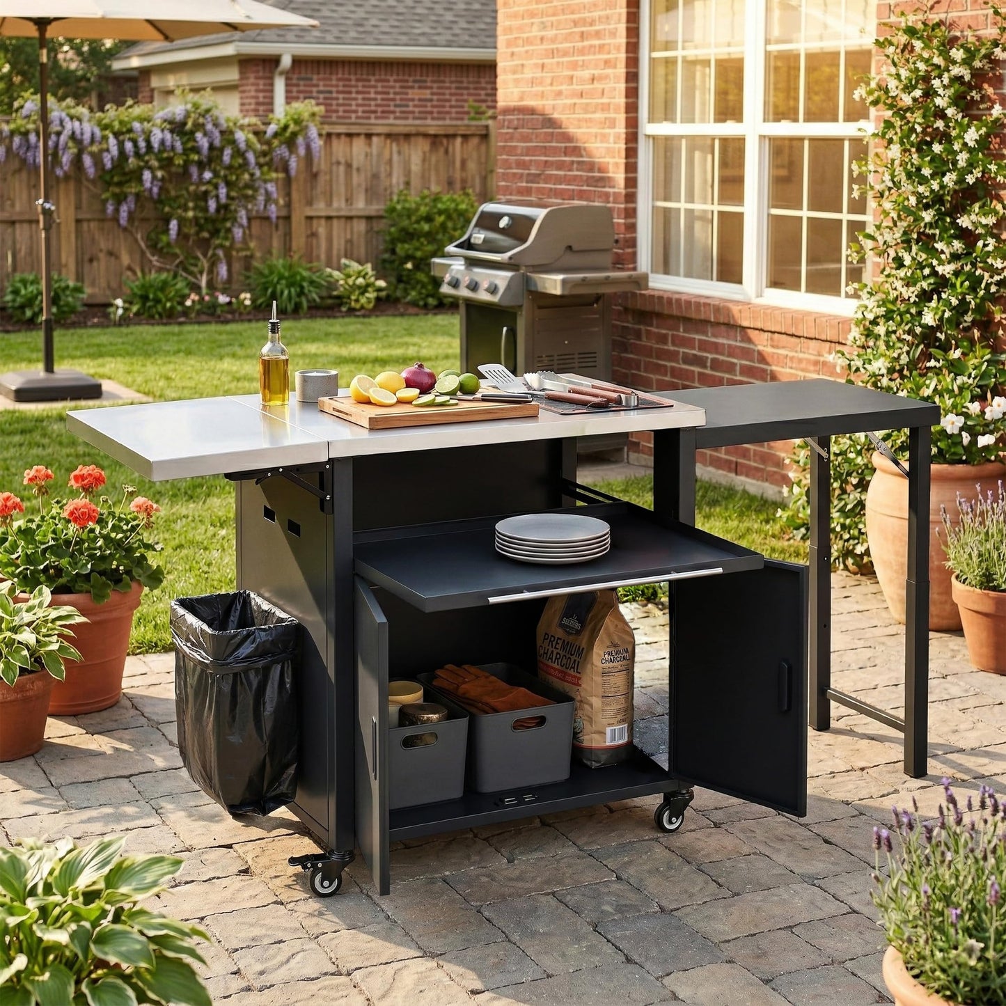 Merax Foldable Outdoor Kitchen Island & BBQ Prep Cart with Stainless Steel Top &Trash Rack & Lockable Wheels & Storage Cabinets – Portable Patio Dining Station for Grilling & Backyard & Camping, Black