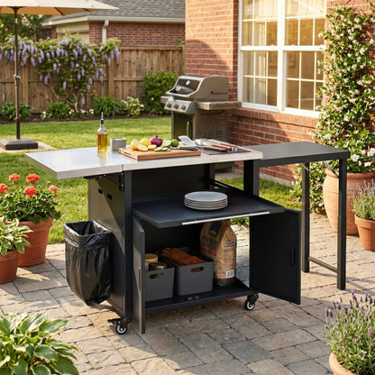 Merax Foldable Outdoor Kitchen Island & BBQ Prep Cart with Stainless Steel Top &Trash Rack & Lockable Wheels & Storage Cabinets – Portable Patio Dining Station for Grilling & Backyard & Camping, Black