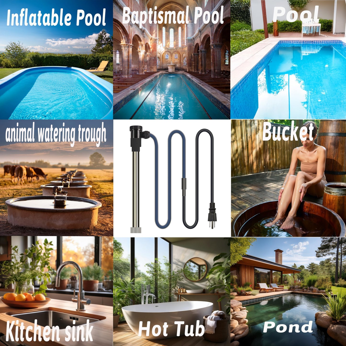 2000W Fully Submersible Water Heater of Baptismal Pool & Bathtub – Portable Immersion Electric Heater with Temp Control & WiFi Timer for Spa, Hot Tub, Bucket, Above Ground Pool & Inflatable Pool etc