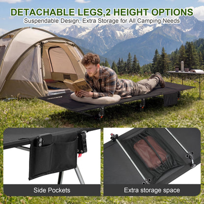 AOPEC 75" Camping Cot, Heavy Duty 350lbs Capacity, Adjustable Height with Leg Extenders, Lightweight Aluminum Frame Portable Folding Bed for Camping,Travel, Beach, Office Nap