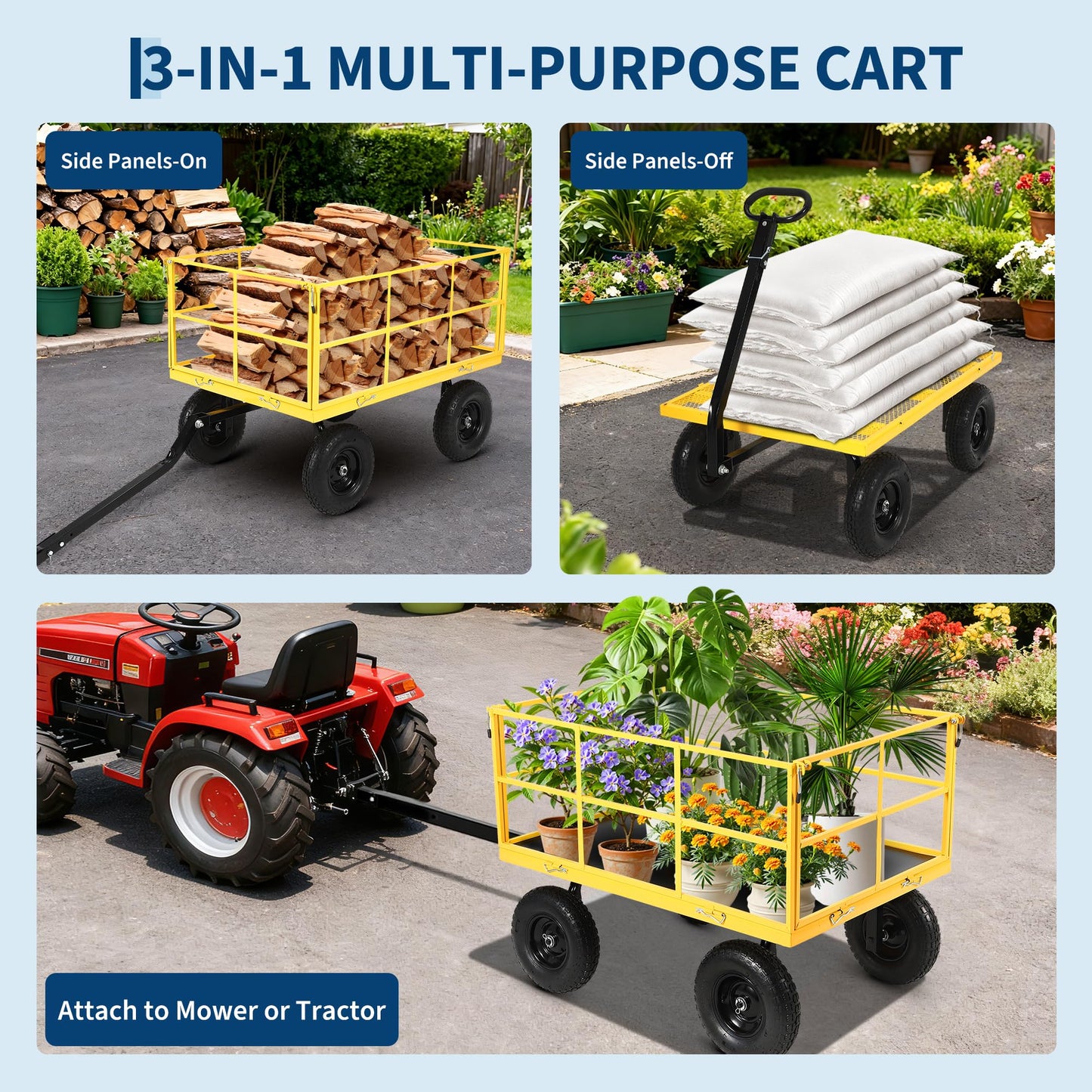 Heavy Duty 1500 Lbs Steel Garden Cart – 3-in-1 Utility Wagon & Trailer with Removable Mesh Sides, 13" All-Terrain Tires, 180° Rotating Handle for Lawn, Yard, Gardening Tasks, Outdoor Hauling