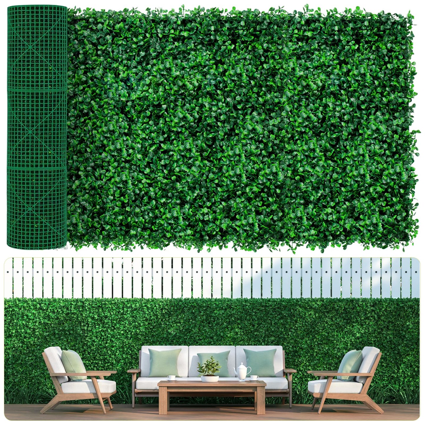 AOKIE 48x120 in Artificial Grass Roll Wall(40 sq ft), Boxwood Hedge Wall Panels UV-Anti Grass Backdrop Wall Decor, Greenery Privacy Hedge Screen for Indoor Outdoor Patio Balcony, Party Garden Fence