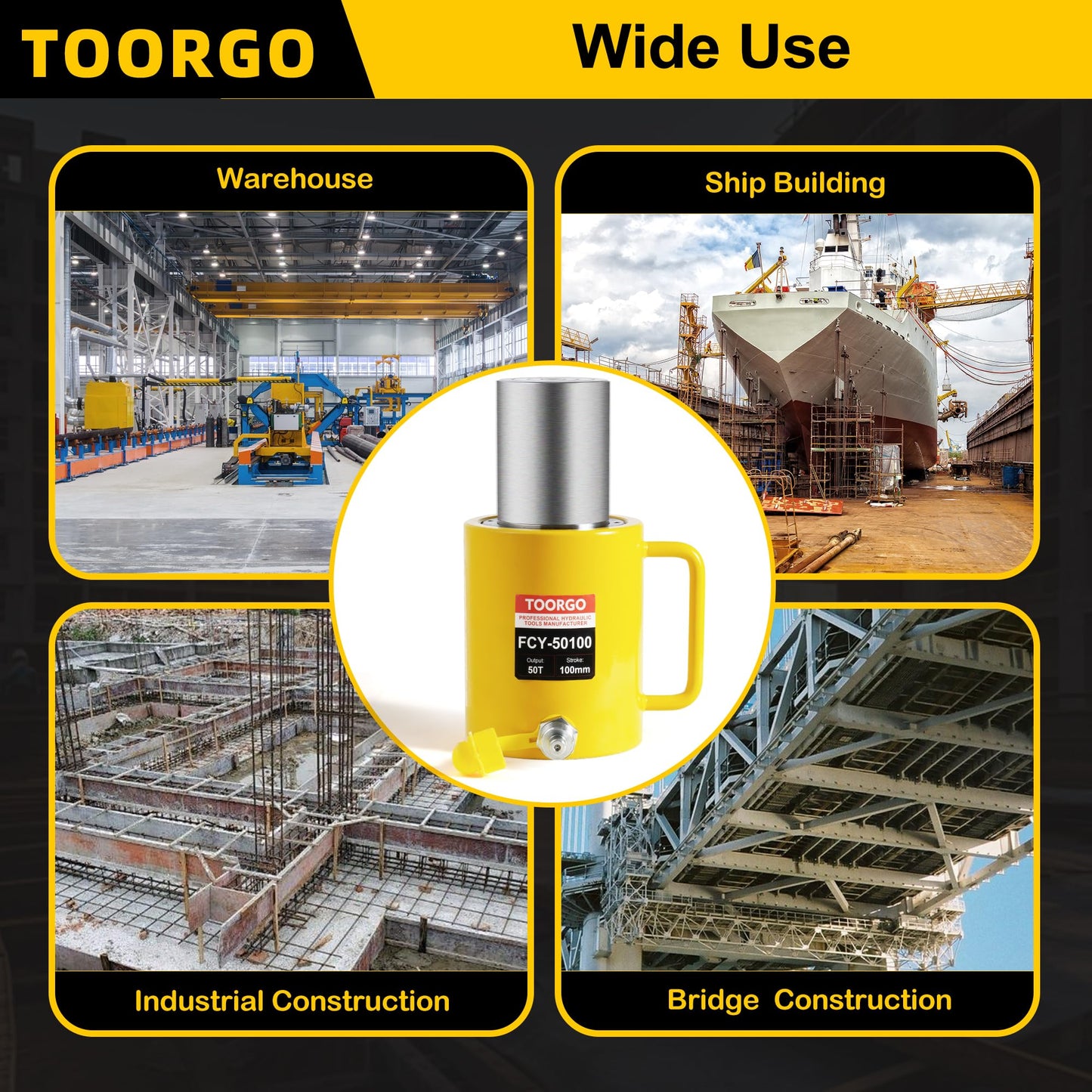 TOORGO 50T 4Inch Stroke Porta Power Single Acting Lifting Cylinder for Shipbuilding, Machinery and Industry,Automatically Retract Split Hydraulic Cylinders Jacks, Yellow