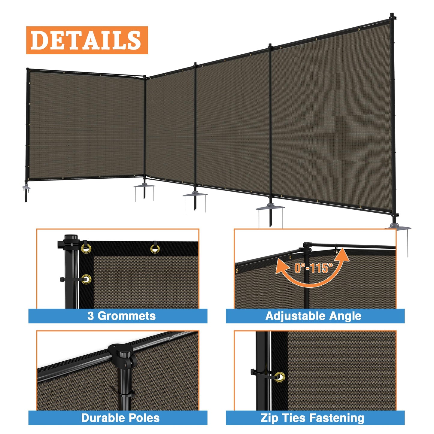 AwnPro 5' x 24' Outdoor Privacy Fence with Iron Poles Ground Spikes Dog Metal Garden Privacy Fence Backyard Patio Yard Barrier Boarder Divider (Brown)