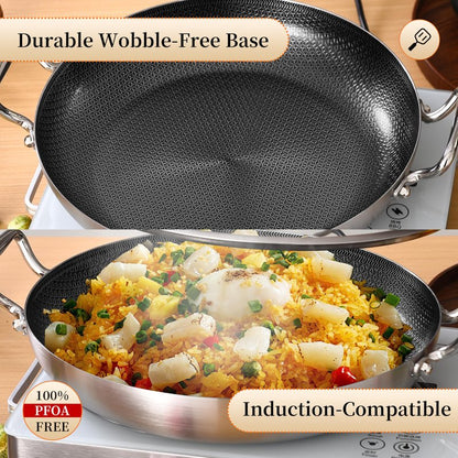 Inqibee 13-Inch Hybrid Tri-Ply Stainless Steel Paella Pan with Lid, Ceramic Non Stick Large Skillet, Induction Cooking Pan, Anti-Scratch, Dishwasher and Oven Safe
