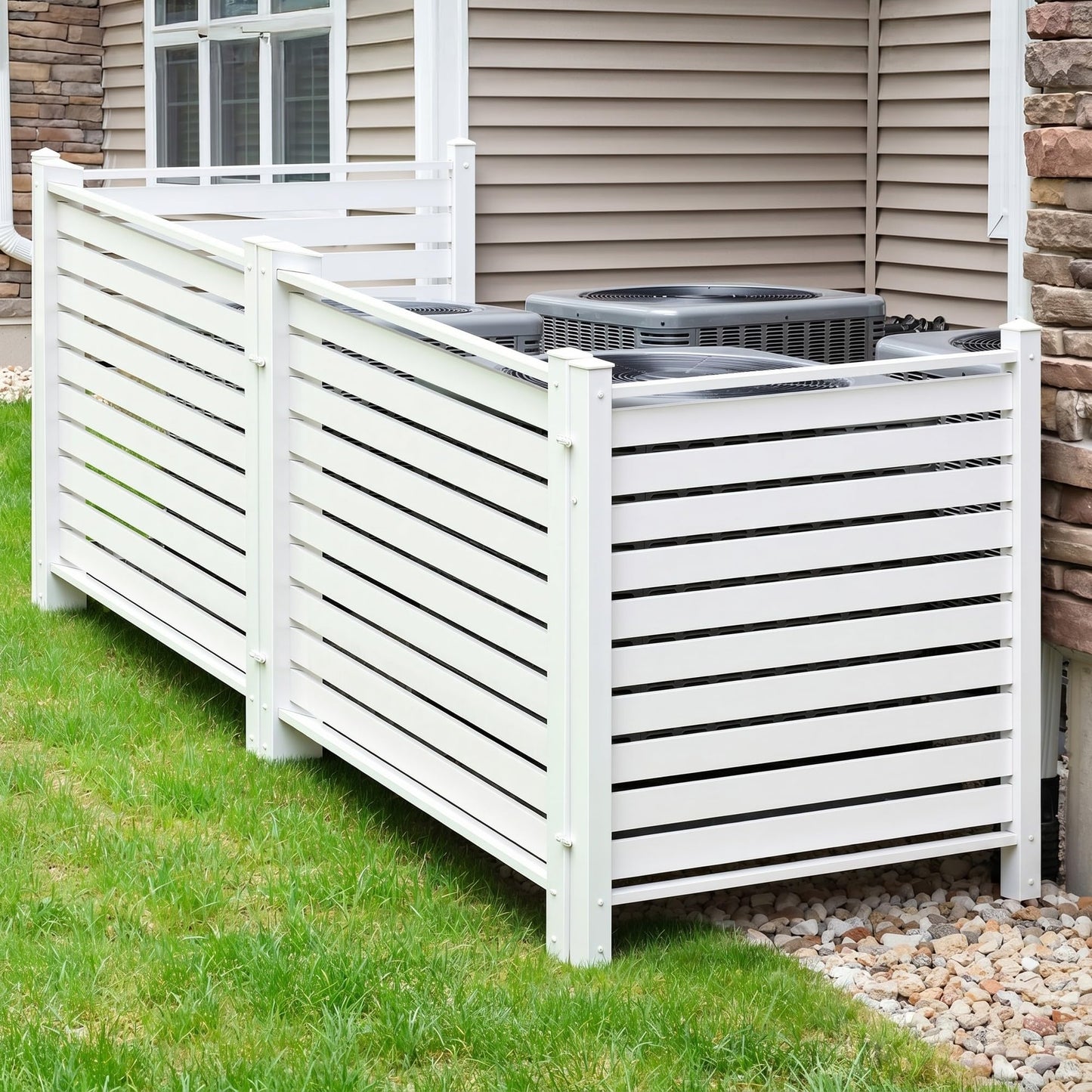 YITAHOME 44" W X 44" H Air Conditioner Fence Privacy Screen, Outdoor Trash Can Enclosure with Metal Stakes, Vinyl Pool Equipment Enclosure (4 Panels, White)