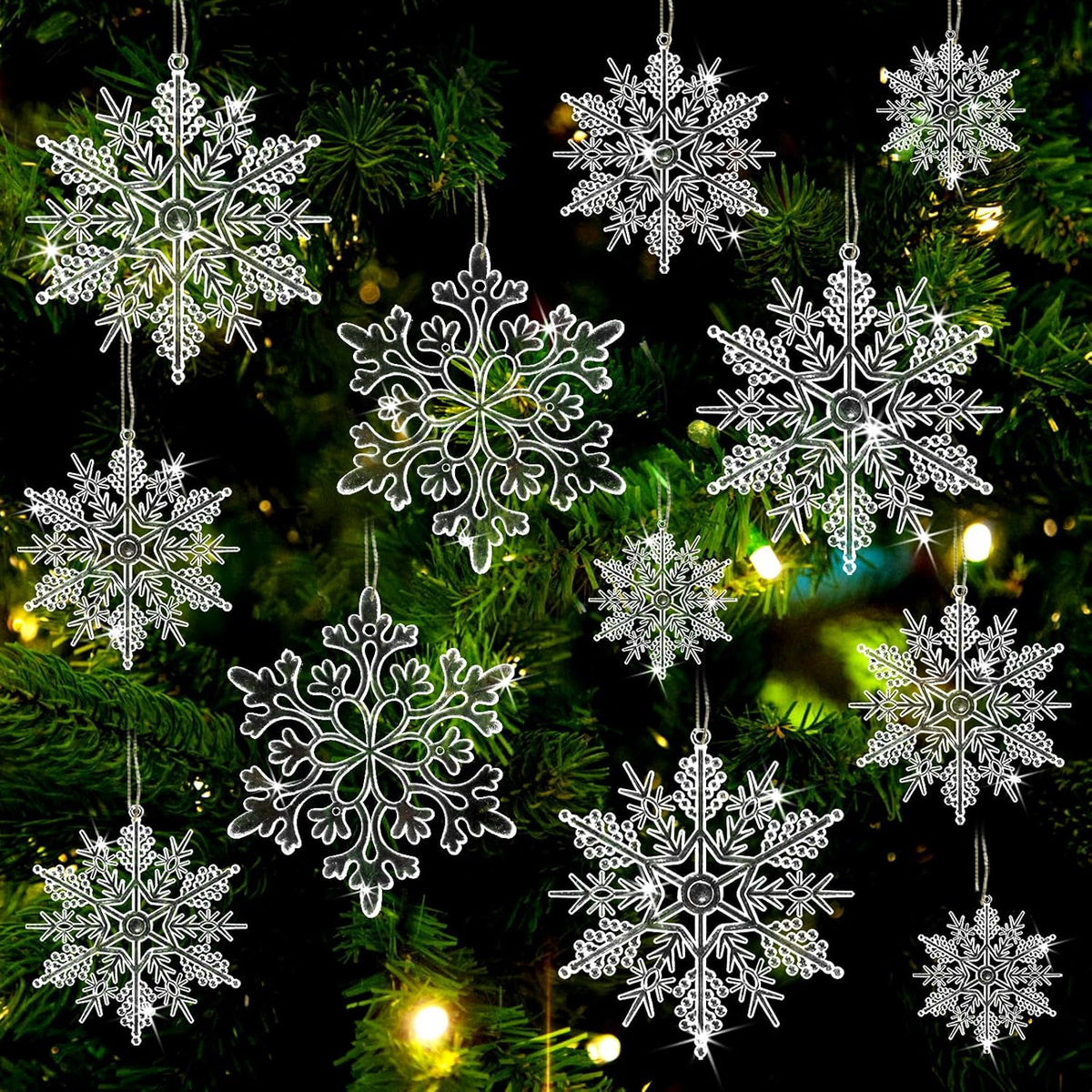 Skiennix Christmas Tree Decorations - 36Pcs Clear Plastic Snowflake Ornaments for Winter Wonderland Decor