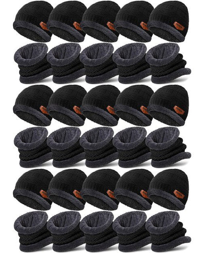 Cutecrop 30 Pcs Winter Beanie Hats and Scarf Set Neck Warmers Fleece Knitted Beanie Caps Thick Unisex for Donation Homeless (Black)