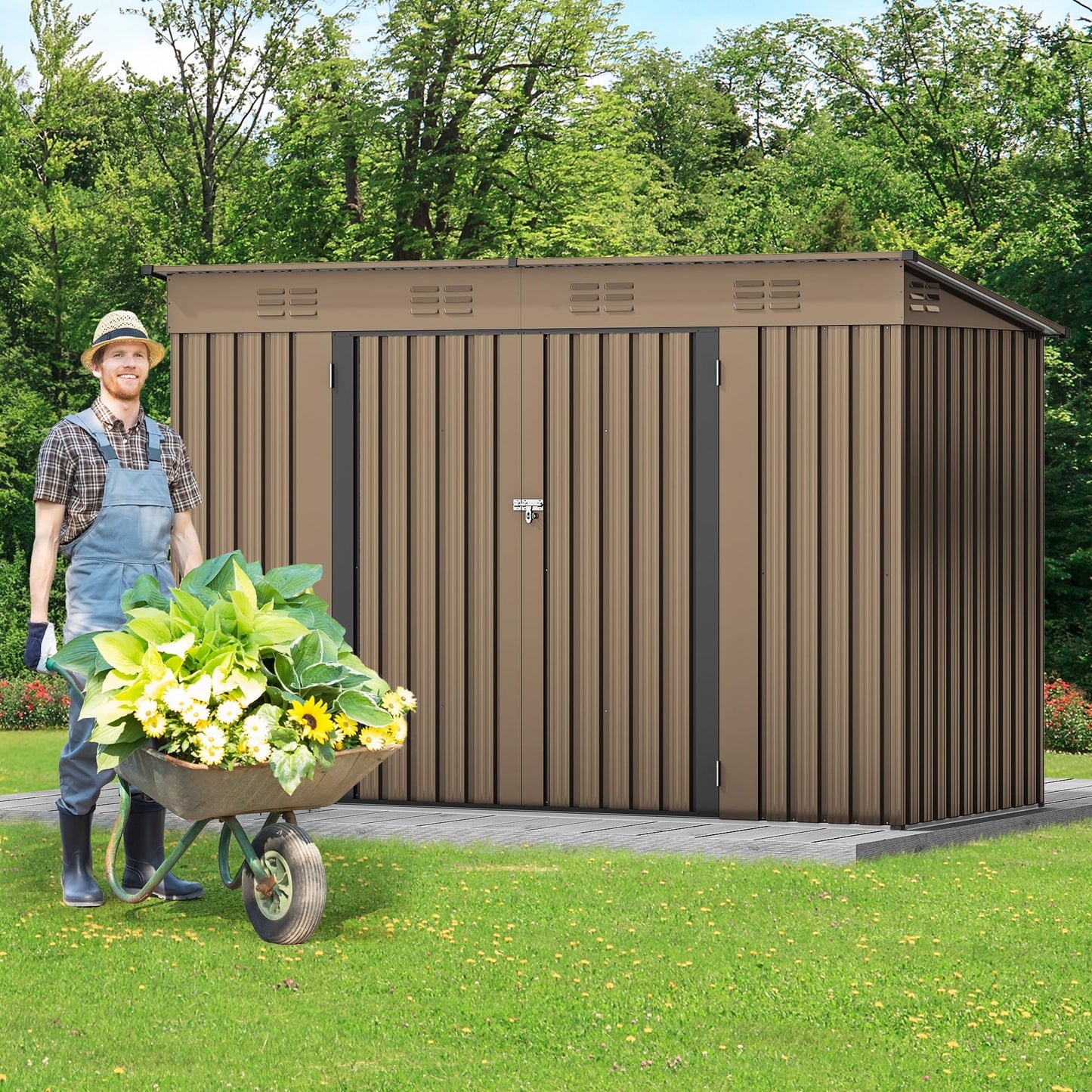 DWVO 9' x 4' Outdoor Storage Shed, Large Metal Tool Sheds, Heavy Duty Storage House with Lockable Doors & Air Vent for Backyard Patio Lawn to Store Bikes, Tools, Lawnmowers, Brown
