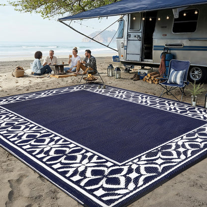 PureCozy Outdoor Plastic Straw Rug Navy Blue Large Outside Waterproof Outdoor Patio 10x14 Carpet Geometric Reversible Mat Modern for Camping RV Porch Deck Balcony Beach
