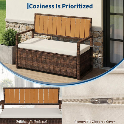 Outdoor Storage Bench with Cushion, 2-Seater PE Rattan Storage Box with Backrest & Armrests, 75 Gallon, 400 lbs Capacity Weatherproof Patio Bench for Garden, Balcony, Porch, Pool, Yard,Dark Brown