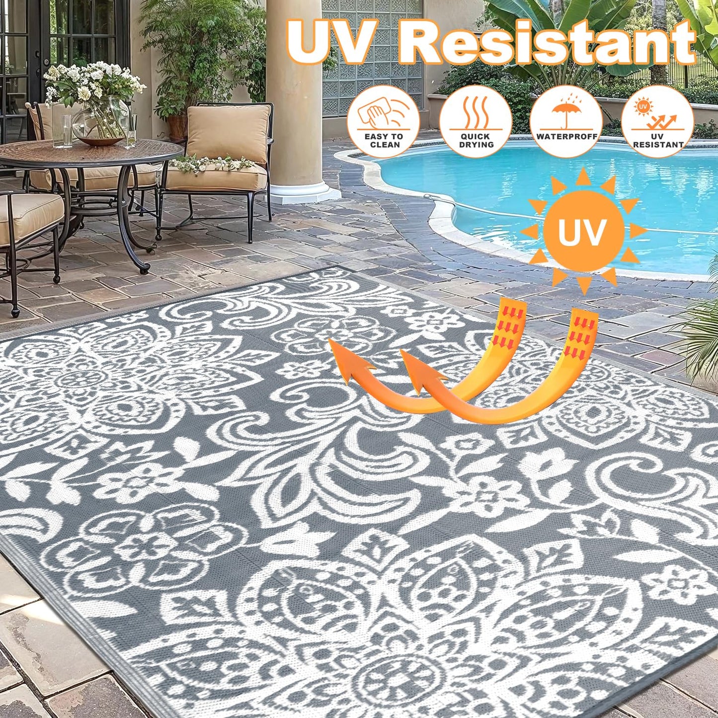 Findosom Waterproof Outdoor Rug 9' x 18' - Reversible Mandala Outdoor Plastic Straw Rug, Durable Foldable Patio Rug for RV, Deck, Balcony, Backyard, Picnic, Porch, Camping, Beach, Gray