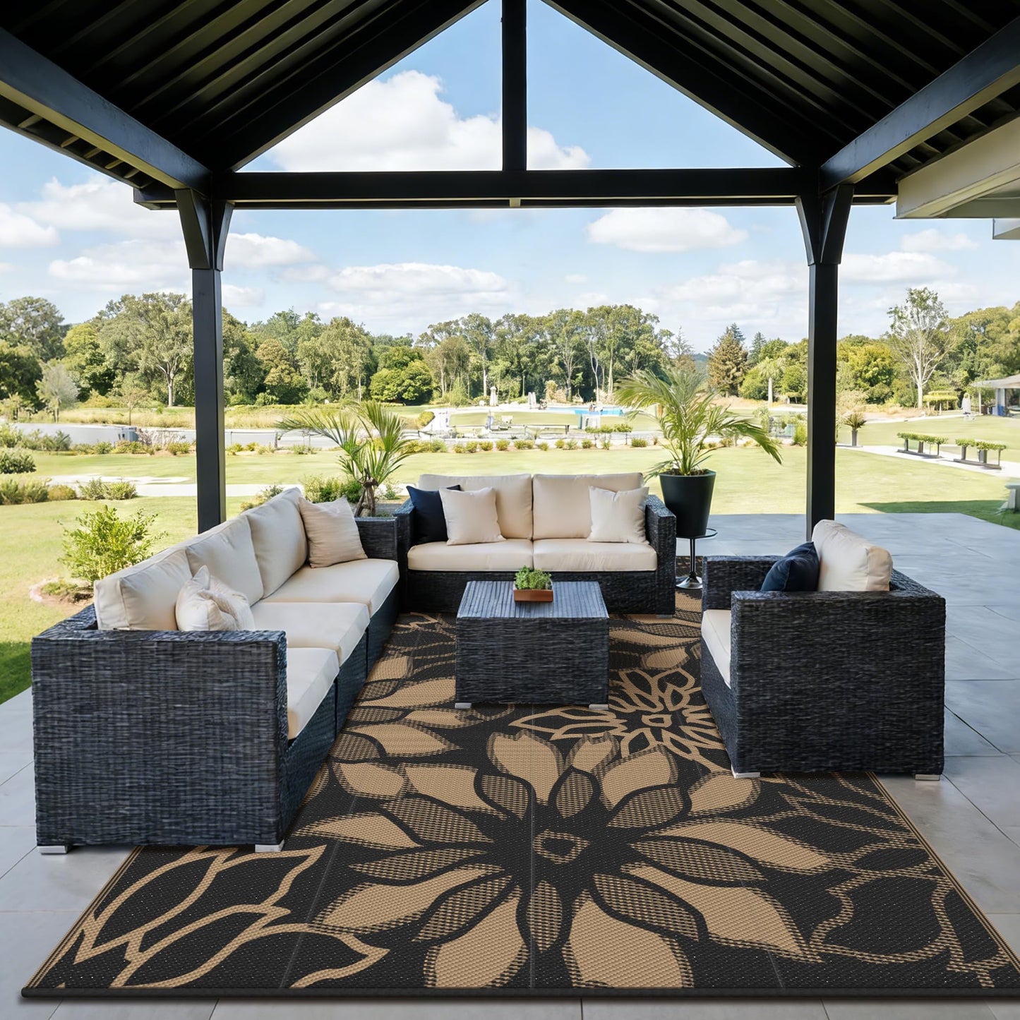 GENIMO Outdoor Rug Waterproof for Patio Decor, 10' x 20' Reversible Plastic Straw Floral Camping Carpet, Large Area Rugs Mats for RV, Camper, Deck, Balcony, Porch, Beach, Picnic, Black & Brown