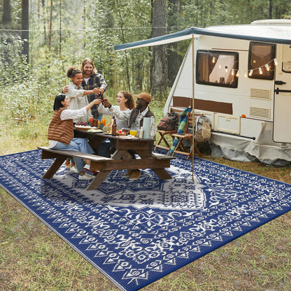 GarveeHome Large Outdoor Rug 9x18 Waterproof Reversible Mat Palm Retro Oriental Camping Rugs Indoor Outdoor Rugs Carpet Plastic Straw Rug for Patio Deck Balcony Pool RV Camping, Dark Blue and White