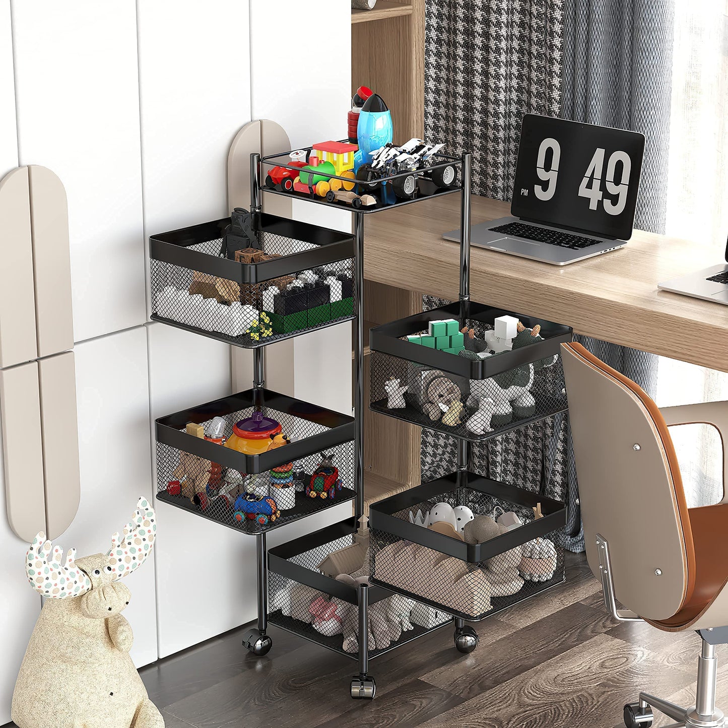 xinyourui Fruit and Vegetable Basket for Kitchen No Assembly， Rotating Storage Rack,Bathroom Storage Shelf, Kitchen Organizers and Storage Cart on Rolling Wheels(Black, 5 Tier-Square)