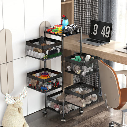 xinyourui Fruit and Vegetable Basket for Kitchen No Assembly， Rotating Storage Rack,Bathroom Storage Shelf, Kitchen Organizers and Storage Cart on Rolling Wheels(Black, 5 Tier-Square)