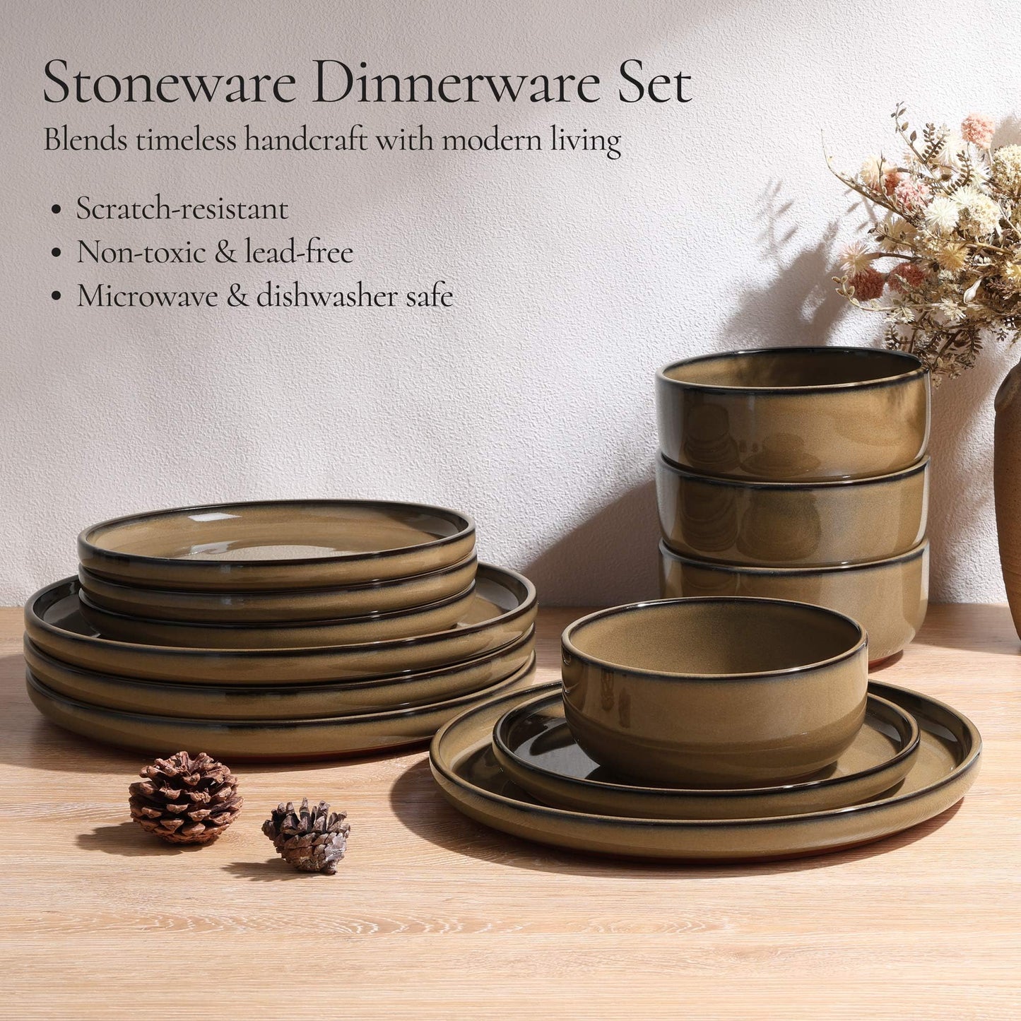 E-far Stoneware Dinnerware Sets for 6, 18 Pieces Reactive Glaze Plates and Bowls Sets, Elegant Dishes with Rustic Terracotta Clay Base, Dishwasher & Microwave Safe, Scratch Resistant, Deep Camel