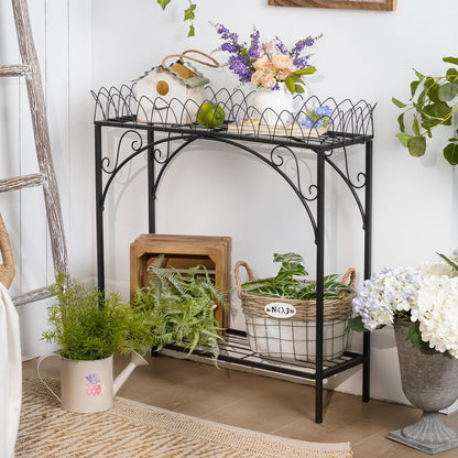 Black Long Double-Layer Plant Shelf, French Courtyard Style Metal Stand for Tall Potted Plants, Sturdy Indoor Outdoor Planter Holder Garden Decor