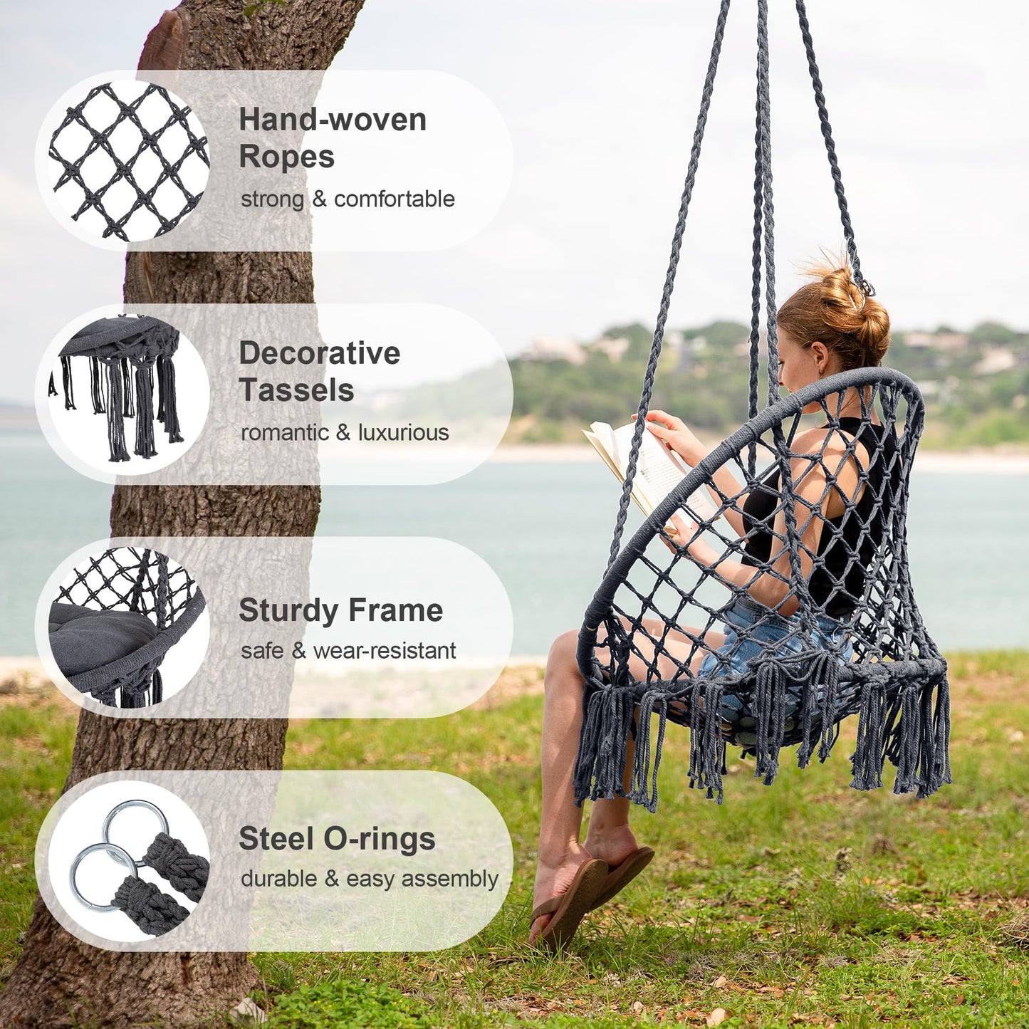 SUNCREAT Hammock Chair Hanging Macrame Swing with Hardware Kits, Max 330 Lbs, Handmade Knitted Mesh Rope Swing Chair for Indoor, Outdoor, Bedroom, Patio, Yard, Garden, Pack of 2, Grey