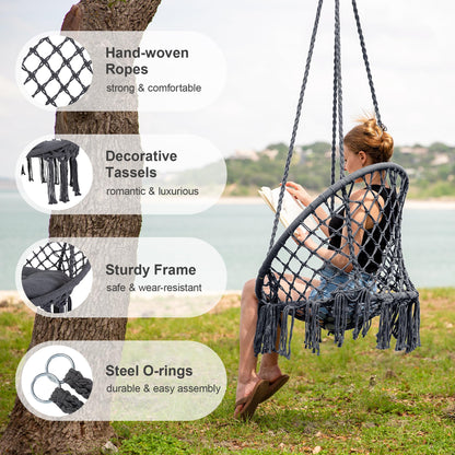 SUNCREAT Hammock Chair Hanging Macrame Swing with Hardware Kits, Max 330 Lbs, Handmade Knitted Mesh Rope Swing Chair for Indoor, Outdoor, Bedroom, Patio, Yard, Garden, Pack of 2, Grey