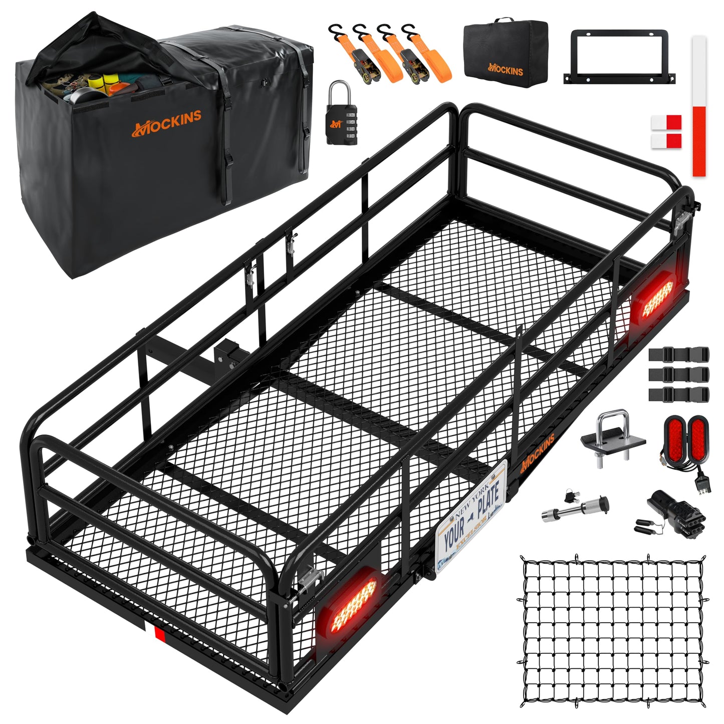 Mockins 66"x30"x14" XL High Rail Trailer Hitch Cargo Carrier w/ 45 CuFt Waterproof Cargo Bag for Hitch Carrier | 500 Lbs Cap Folding Luggage Rack for SUV Car Truck w/Rear Lights, Plate Bracket & More