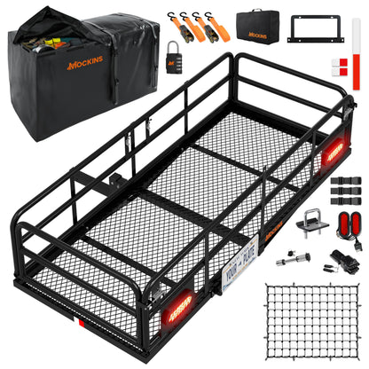 Mockins 66"x30"x14" XL High Rail Trailer Hitch Cargo Carrier w/ 45 CuFt Waterproof Cargo Bag for Hitch Carrier | 500 Lbs Cap Folding Luggage Rack for SUV Car Truck w/Rear Lights, Plate Bracket & More
