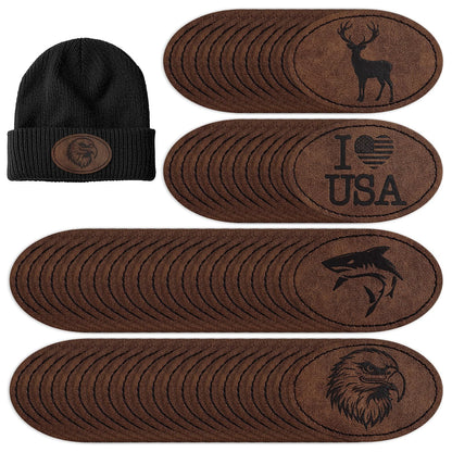 60 Pieces Blank Leatherette Hat Patch with Adhesive, Iron on Heat Press Leatherette Patch, Faux Leather Patches for Hats Custom Fabric Repair Sew Laser Supplies-Oval, Dark Brown