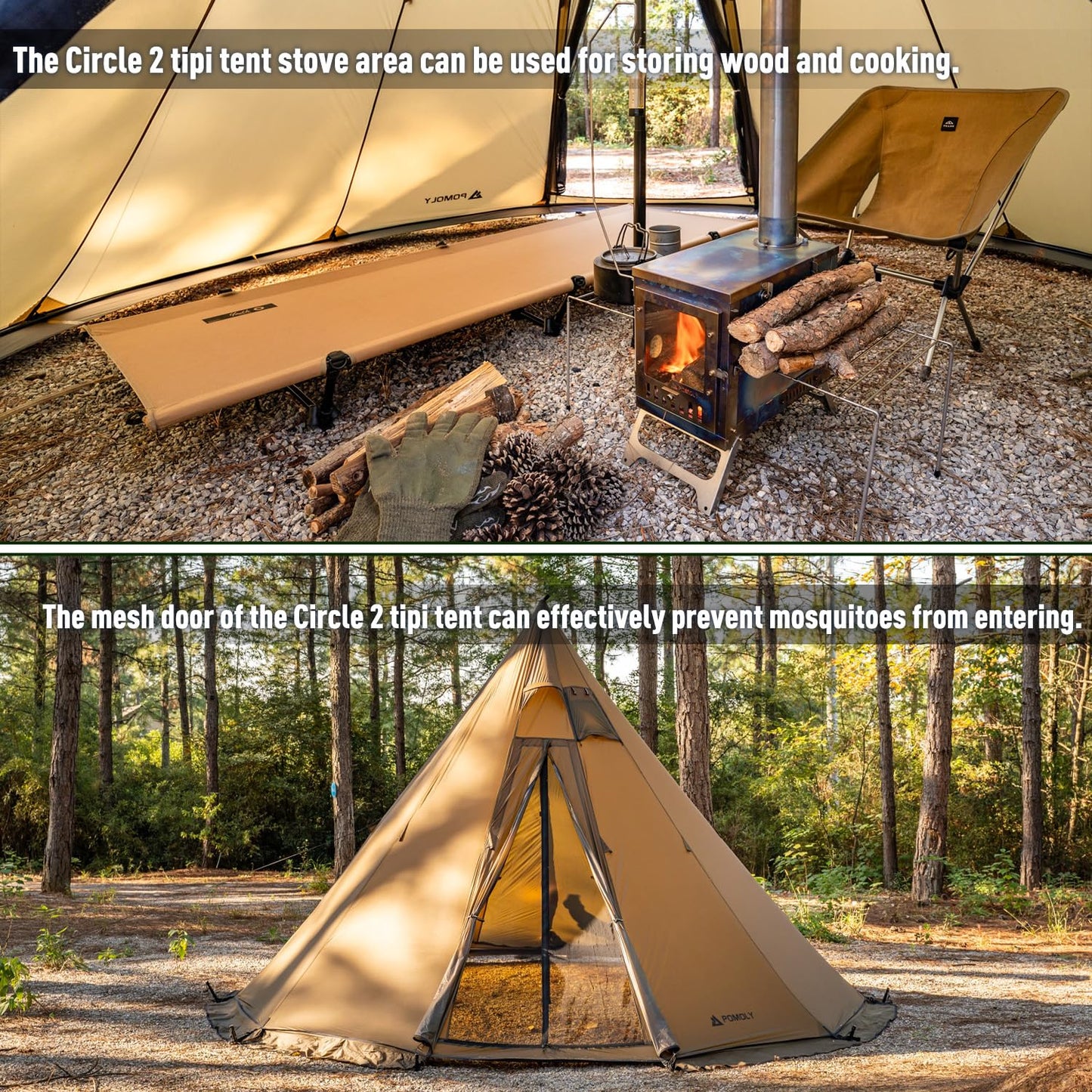 POMOLY Tipi Tent Camping Hot Tent, Circle 2 Portable Pyramid Wood Stove Tents for 2 Person Hiking, Hunting, Backpacking (Circular Braces)