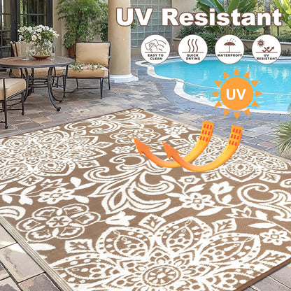 Findosom Waterproof Outdoor Rug 9' x 18' - Reversible Mandala Outdoor Plastic Straw Rug, Durable Foldable Patio Rug for RV, Deck, Balcony, Backyard, Picnic, Porch, Camping, Beach, Brown