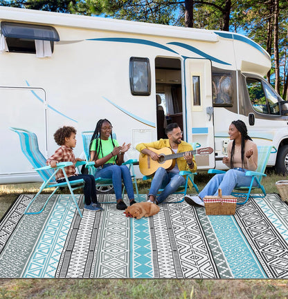 GarveeHome Outdoor Rug for Patio Clearance,10x14 Waterproof Large Mat, Reversible Plastic Camping Rugs, Outside Rug for Rv, Porch, Deck, Camper, Balcony, Backyard, Blue/Grey