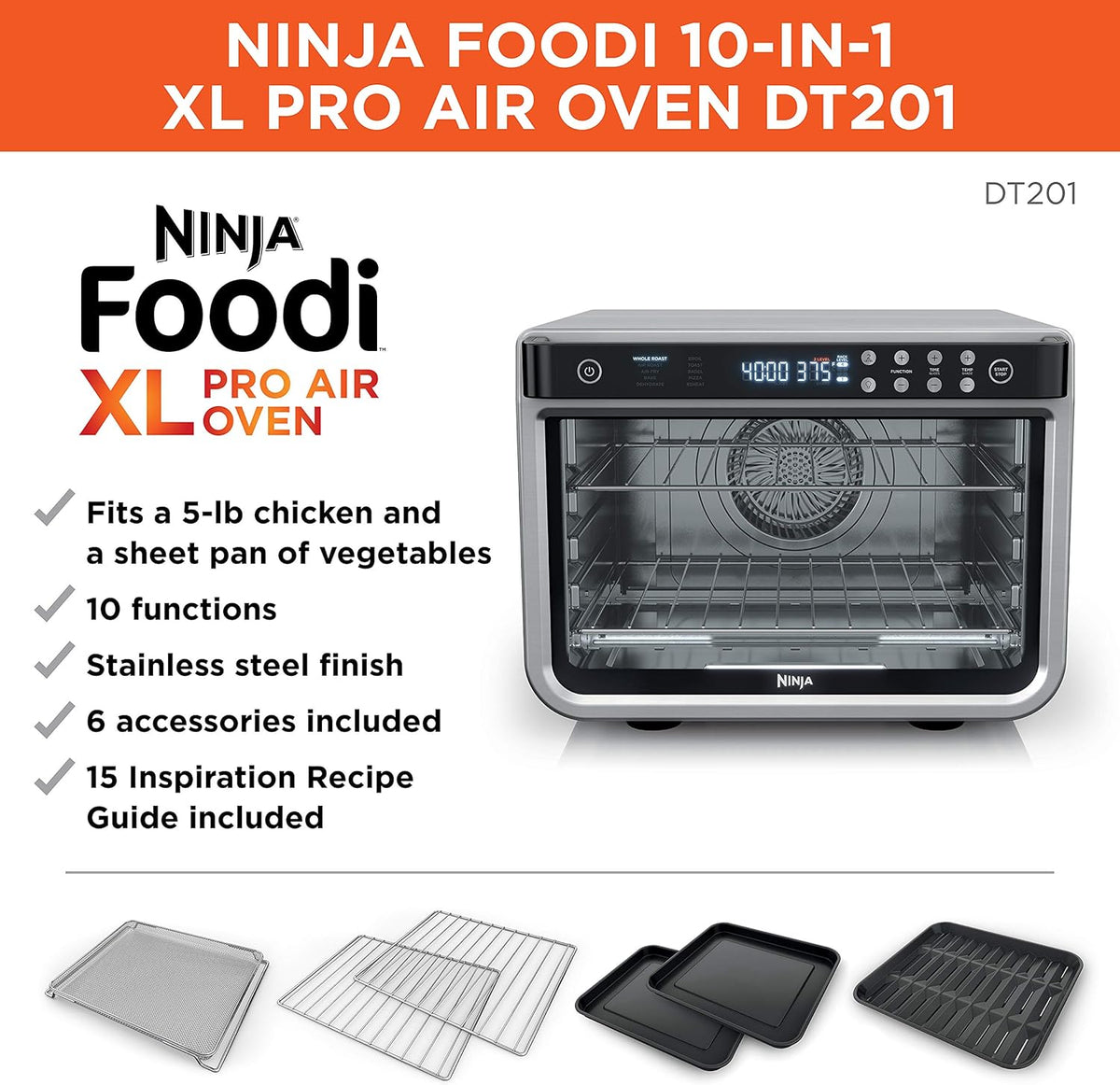 Ninja Air Fryer & Toaster Oven Combo - 10-in-1 Foodi XL Pro | Fits 5-lb Chicken & Sheet Pan | 1800 Watts | Stainless Steel