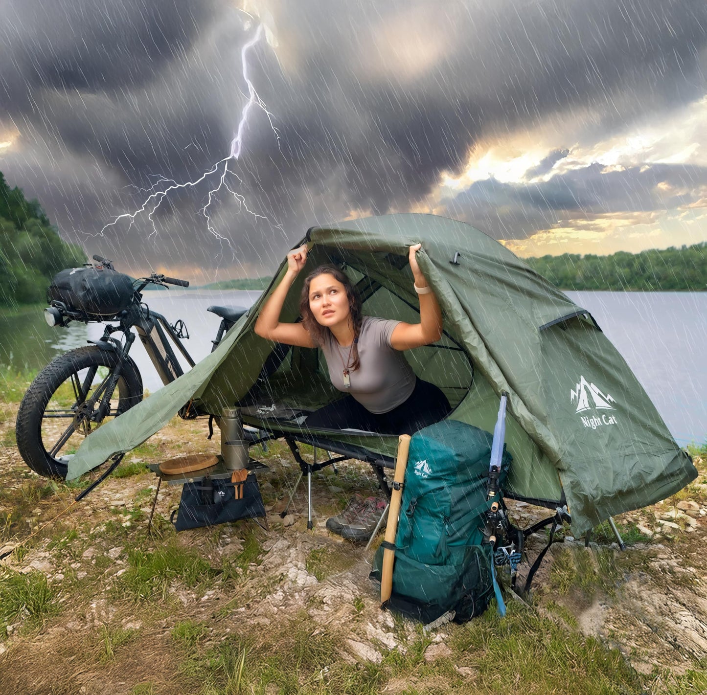 Night Cat Camping Cot Tent - Waterproof 1-Person Off-Ground Combo Cot Bed for Adults Portable Easy Set-up Tent Green 27.5'' Width
