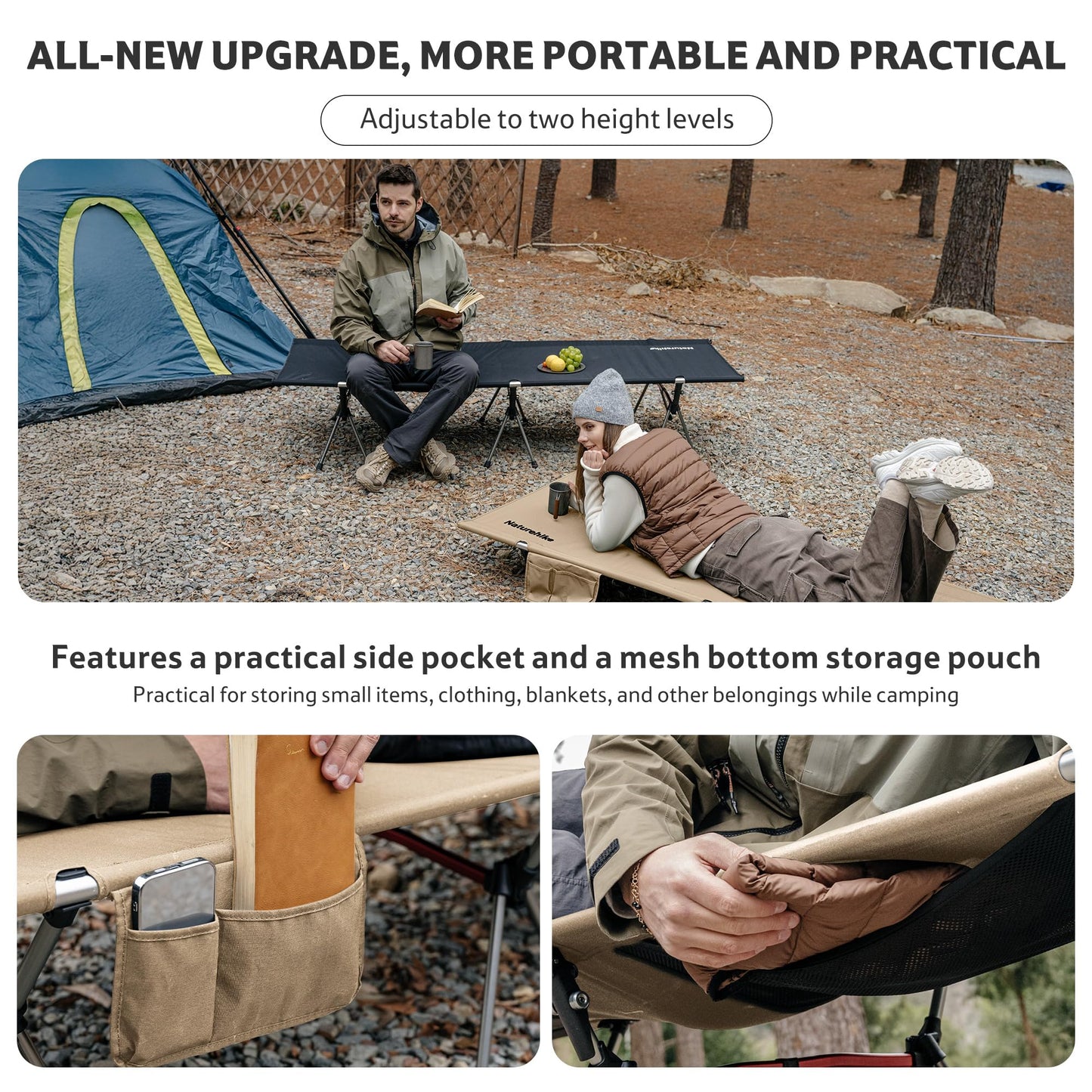 Naturehike ArmyWild Folding Camping Cot, Height Adjustable Ultralight Widen Backpacking Cot, Portable Camping Bed for Camping Hiking Travel Home（Upgraded Khaki）