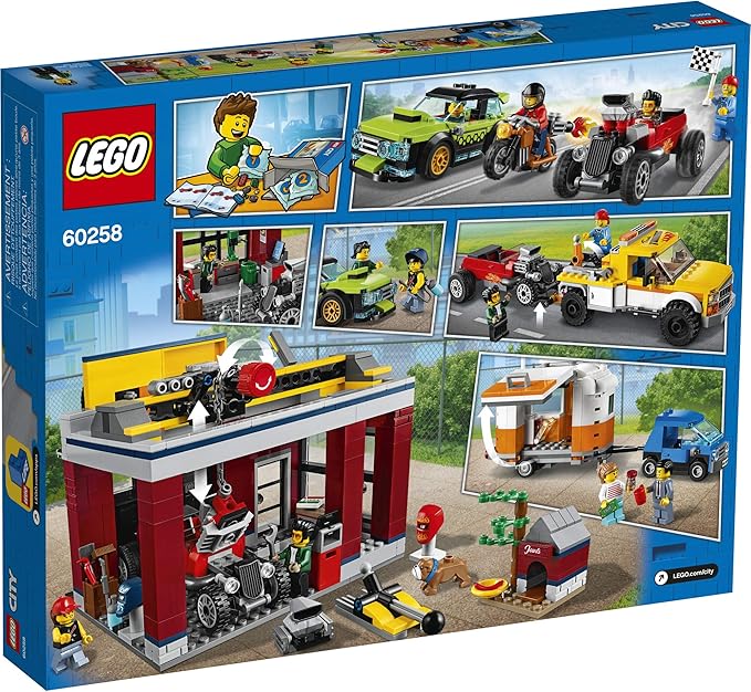 LEGO City Tuning Workshop 60258 Features a Toy Garage Car Shop Camping Trailer Motorcycle Crane and Tow Truck in One Fun Playset Makes a Great Gift for Kids