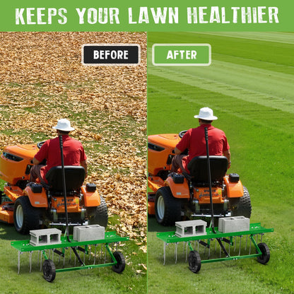 PPOLB 40" Tow-Behind Dethatcher with 20 Spring Steel Tines, Pull Behind Lawn Tractor Mower Grass Rake for Yard, Garden, and Farm Care – Removes Thatch, Leaves, and Pine Needles-Green