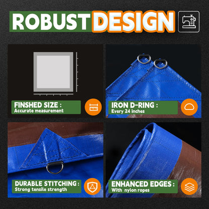RAINDEWAY Tarp 20x25 Feet Tarps Heavy Duty Waterproof with D-Rings, Reinforced Corners and Edges,UV Resistant,Multipurpose Poly Tarp for Roof,Wood,Camping,Blue/Brown
