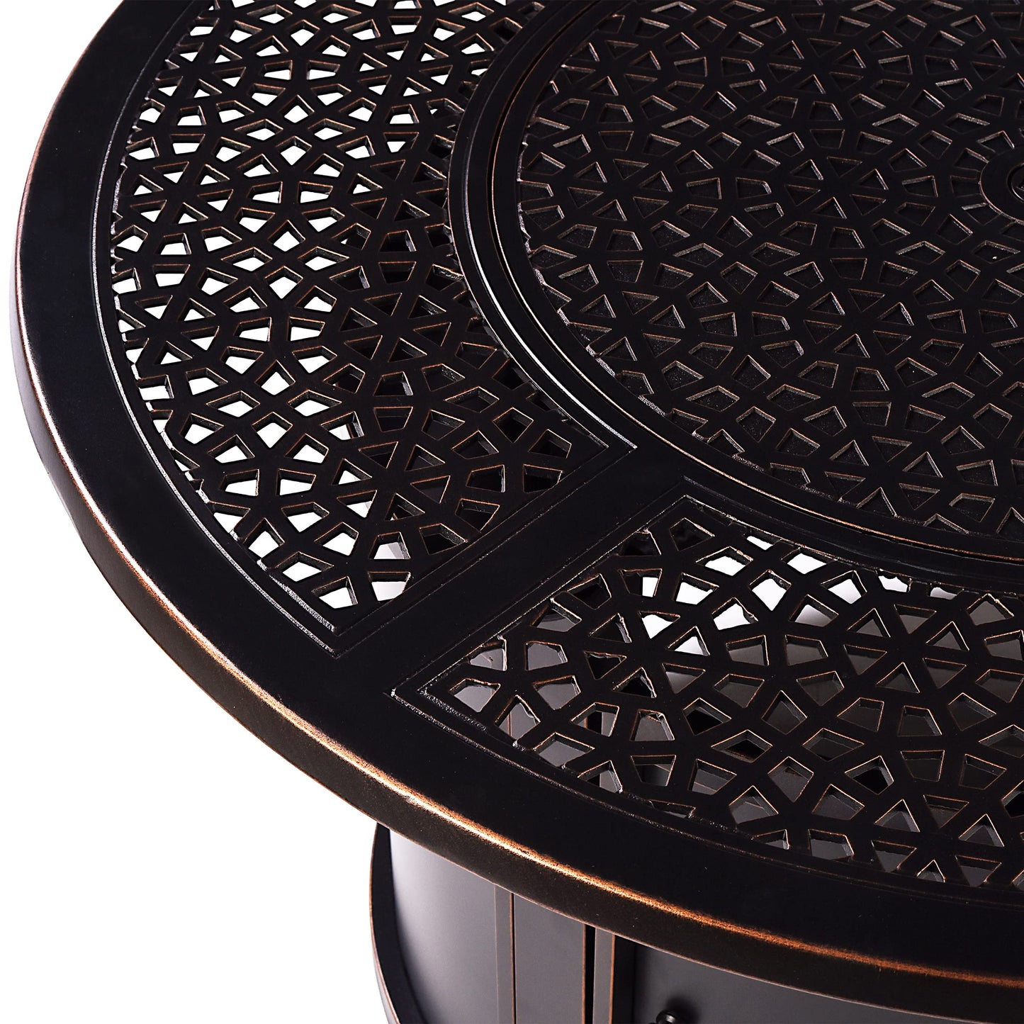 Aluminum 57,0000 BTU 44 in. Round Propane Black Fire Pit Table with Fire Beads, Lid, Propane Tank Cover and Table Fabric Covers in Copper Finish