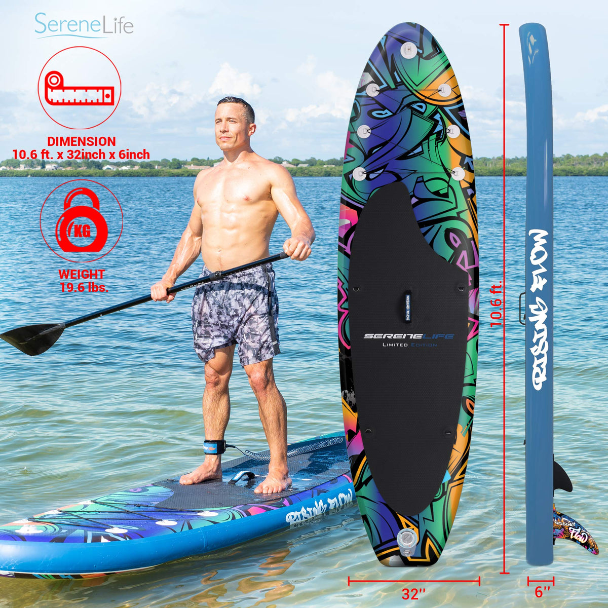SereneLife Inflatable Stand Up Paddle Board - Wide Stable Design, Non-Slip Deck for Adults & Youth with Premium Paddle Board Accessories: Carry Bag, Dual Action Pump, Paddle, Ankle Leash - 10'6"