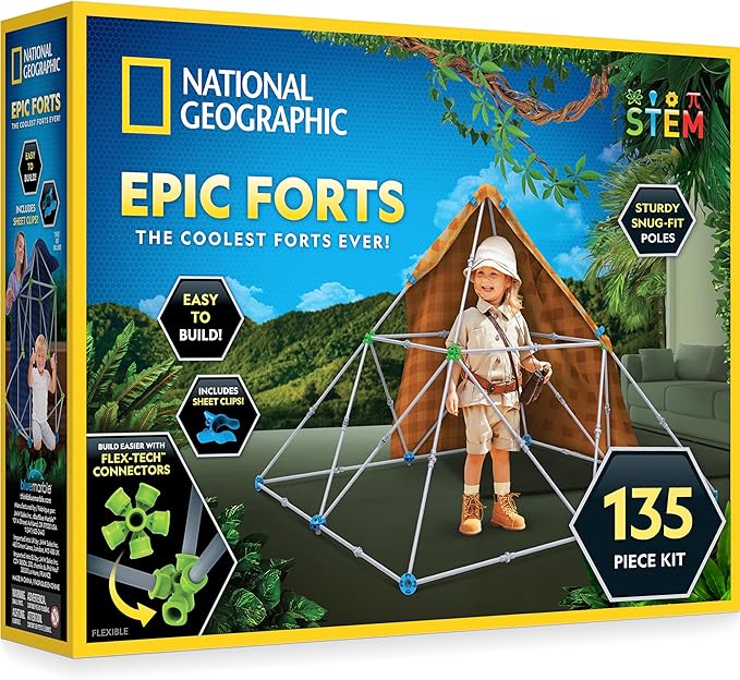 NATIONAL GEOGRAPHIC Kids Fort Building Kit - 135-Piece Indoor Fort Builder Creative Play STEM Building Toys for Kids Ages 6 7 8 9 10 11 12 Blanket Fort (Amazon Exclusive)